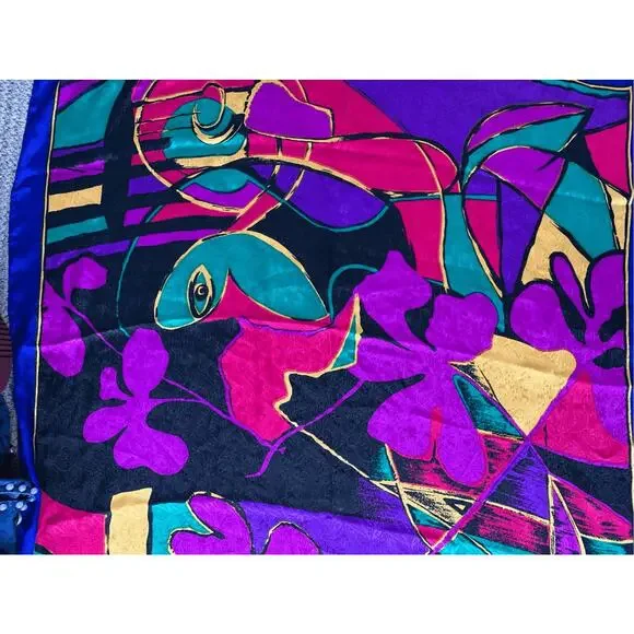 Vintage 90s Abstract Printed Silk Scarf Bold Colorful Artsy Square Wrap Purple - Picture 6 of 8